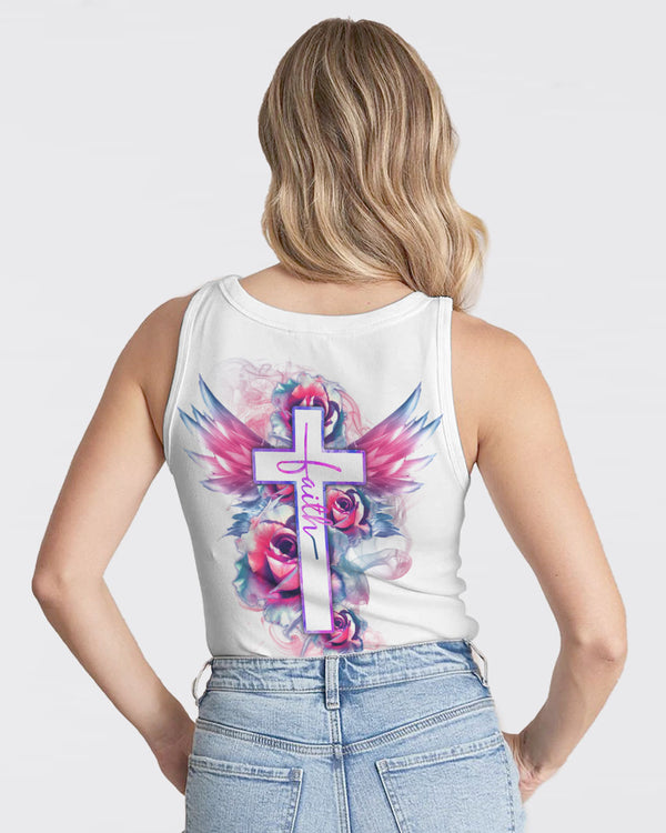 Watercolor Rose Faith Cross White Women's Christian Tanks