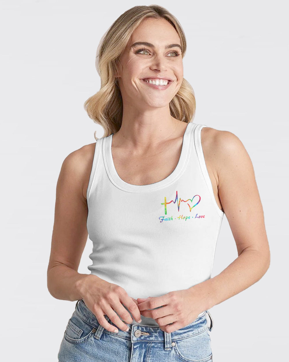 Faith Over Fear Jesus Colorful White Women's Christian Tanks