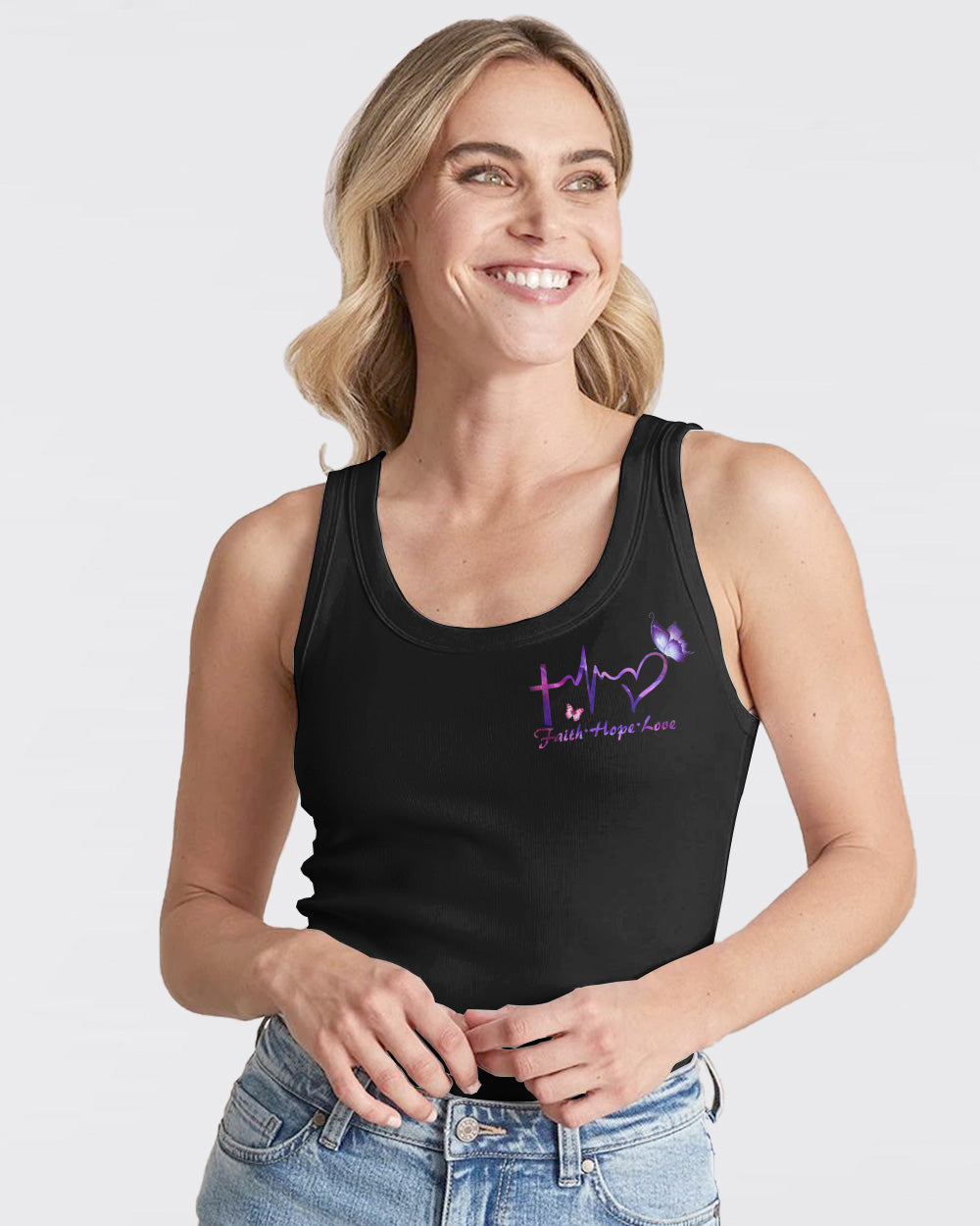 Faith Fire Heart Butterfly Smoke Women's Breast Cancer Awareness Tanks