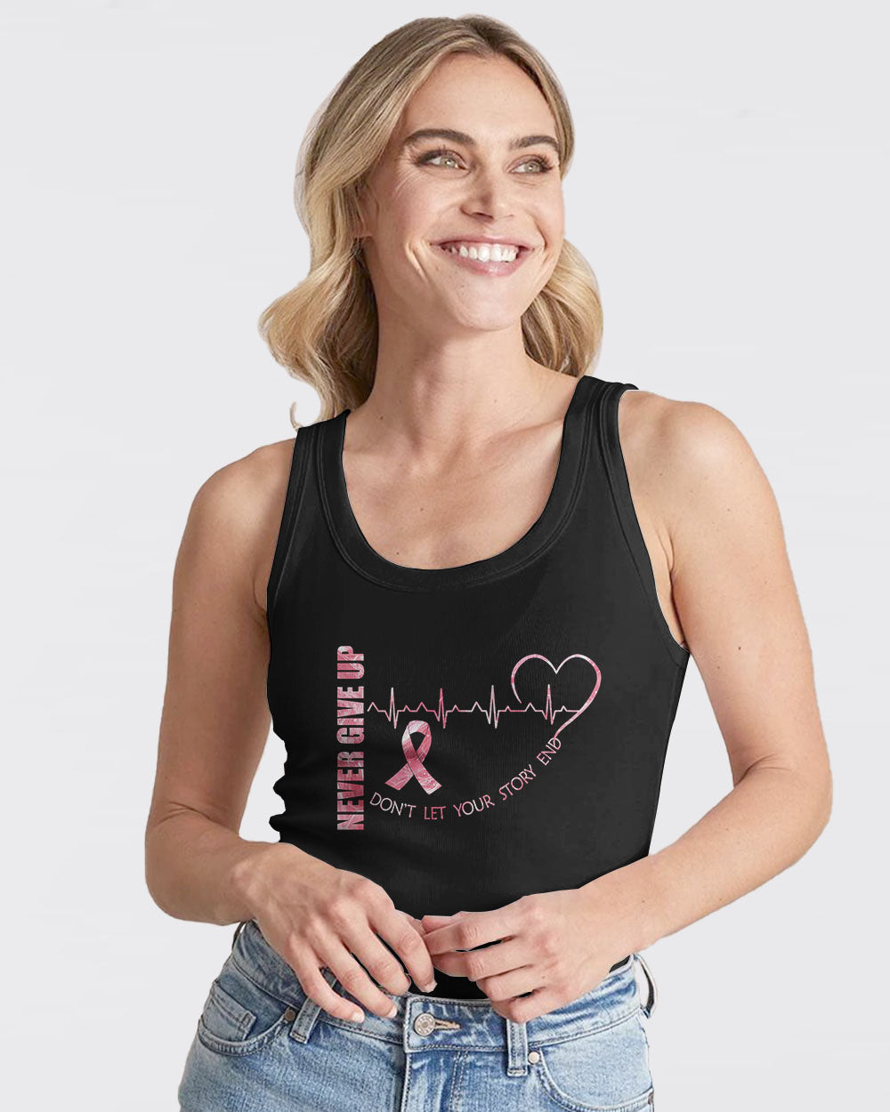 Pink Ribbon Heart Beat Flag Women's Breast Cancer Awareness Tanks