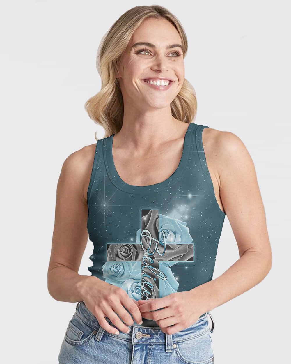 Believe Cross Blue Rose Women's Christian Tanks