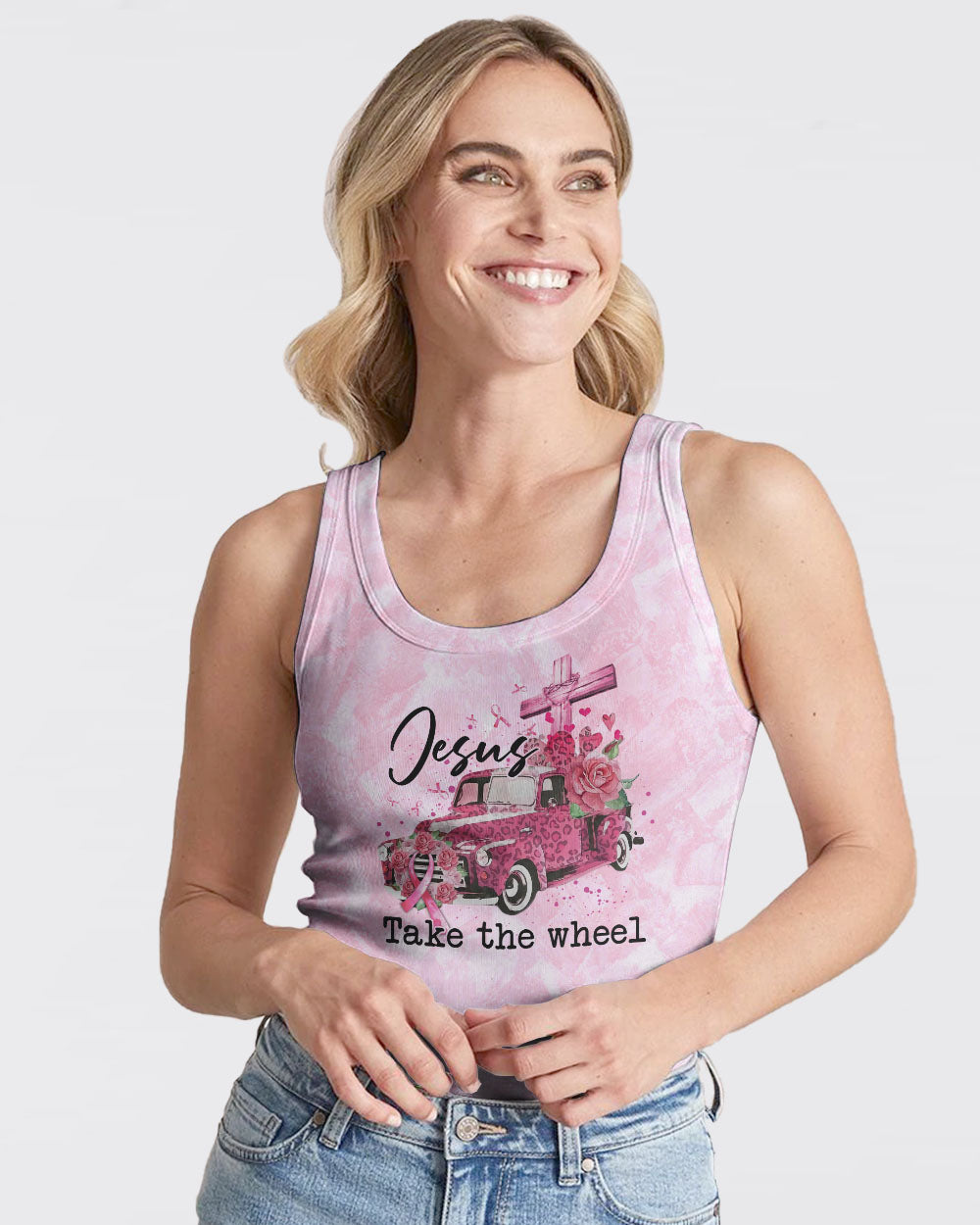 Jesus Take The Wheel Women's Breast Cancer Awareness Tanks