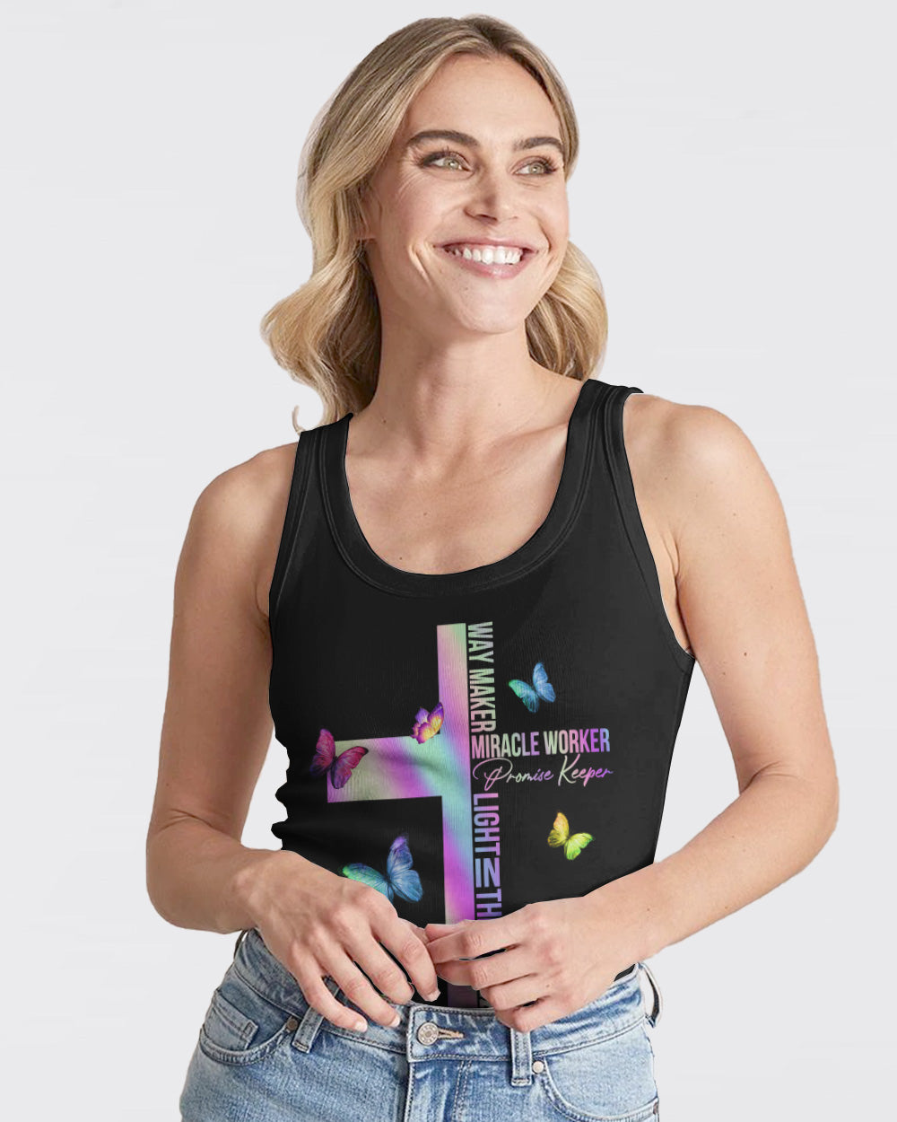 Way Maker Miracle Worker Colorful Butterfly Women's Christian Tanks