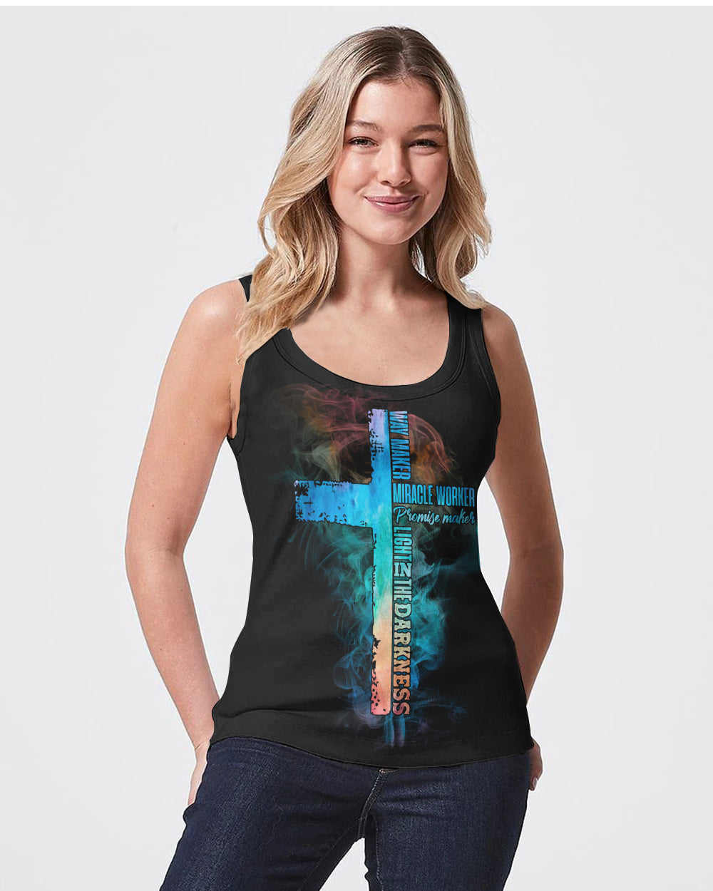 Way Maker Miracle Worker Lion Cross Smoke Women's Christian Tanks