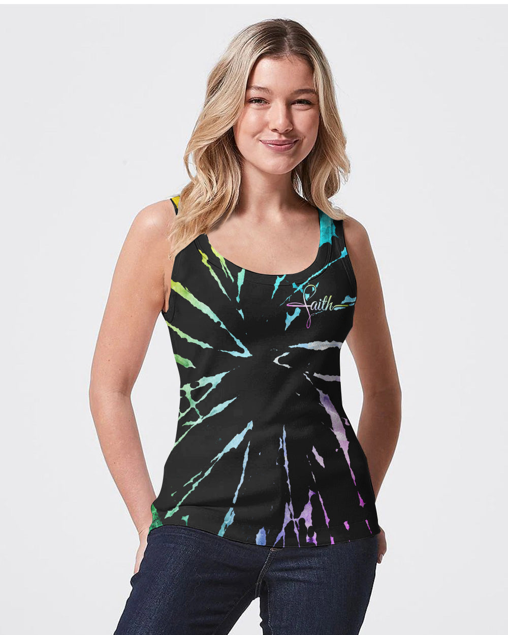 Faith Cross Rainbow Sunflower Tie Dye Women's Christian Tanks