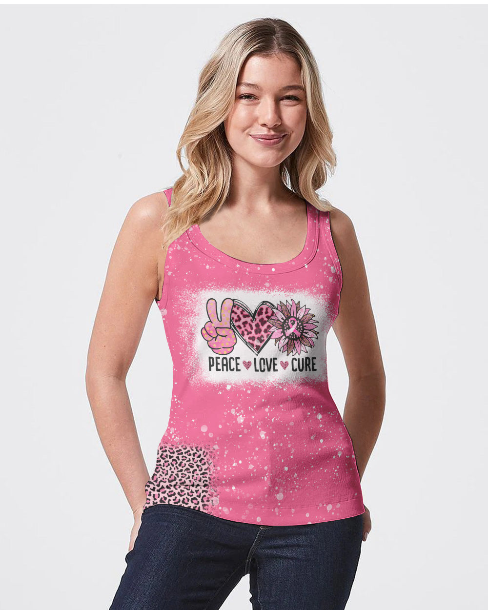 Peace Love Cure Bleached Pink Women's Breast Cancer Awareness Tanks