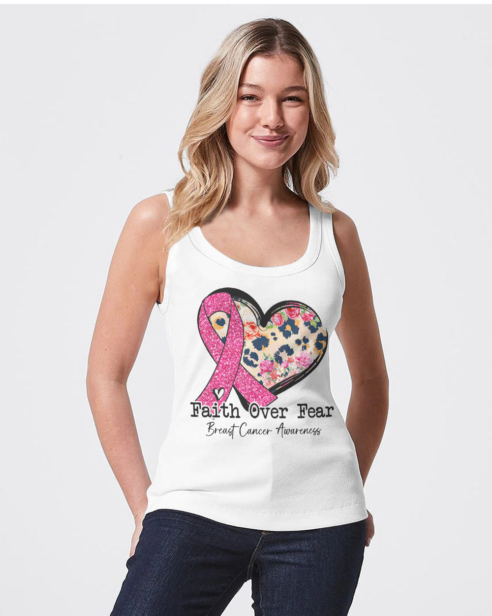 Faith Over Fear Heart Leopard Women's Breast Cancer Awareness Tanks
