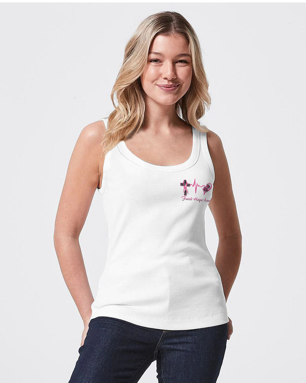White Faith Cross Ribbon Wings Women's Breast Cancer Awareness Tanks