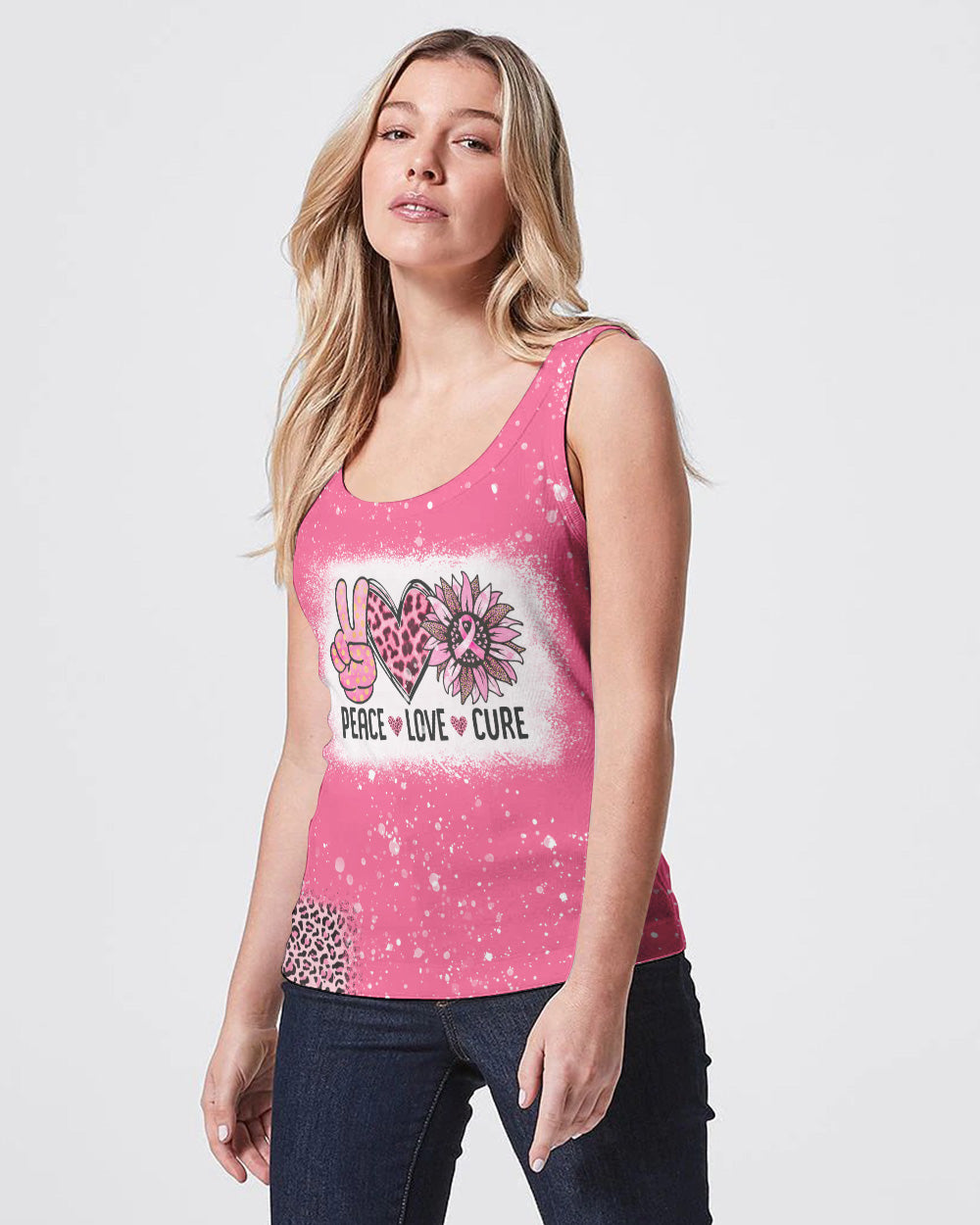 Peace Love Cure Bleached Pink Women's Breast Cancer Awareness Tanks