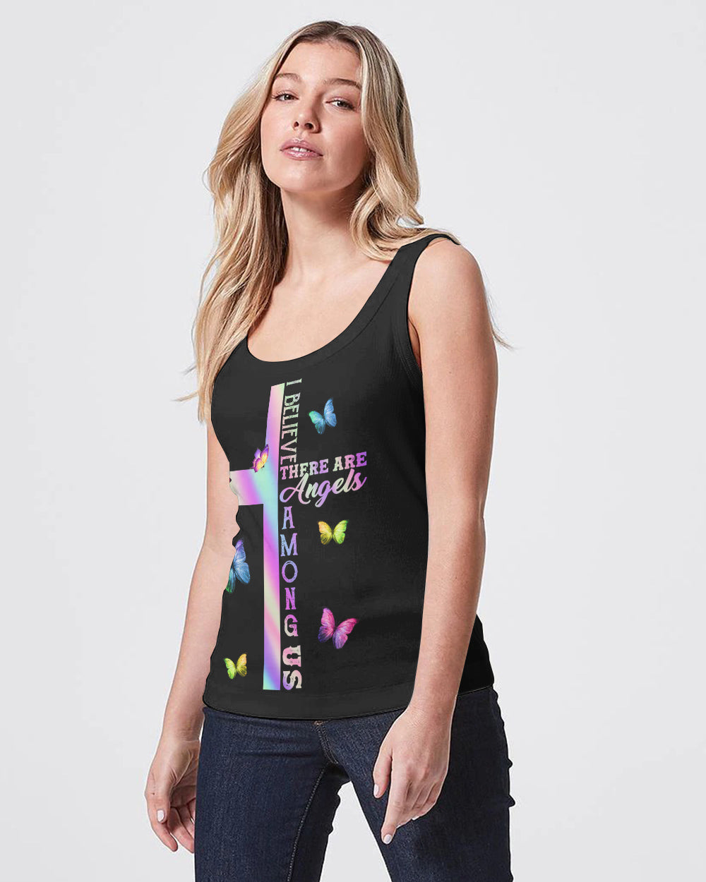 I Believe There Are Angles Among Us Colorful Butterfly Women's Christian Tanks