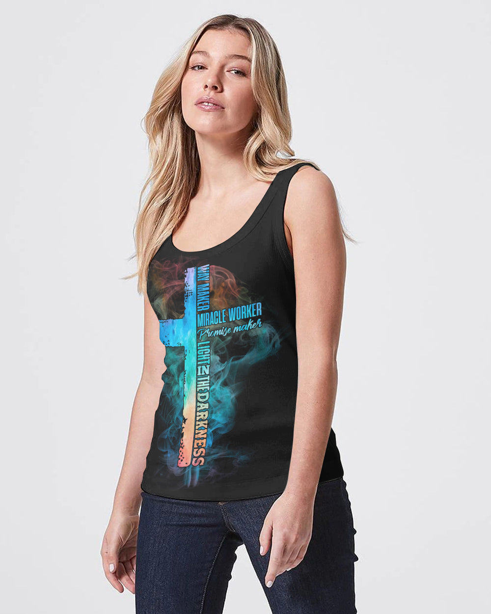 Way Maker Miracle Worker Lion Cross Smoke Women's Christian Tanks