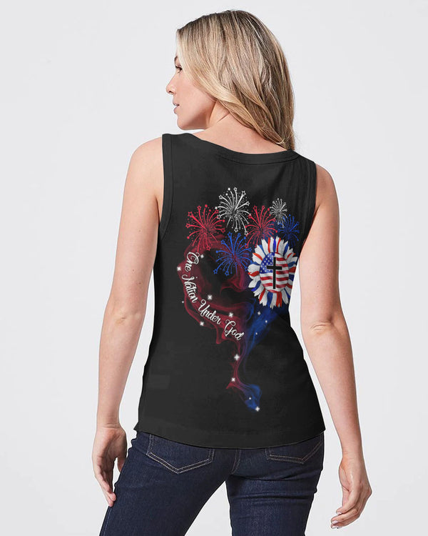 One Nation Under God Firework Smoke Flag Independence Day Women's Christian Tanks