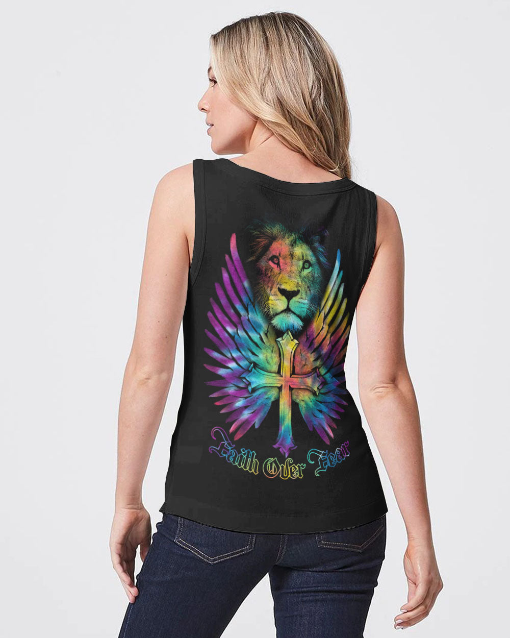 Faith Over Fear Lion Cross Colorful Women's Christian Tanks