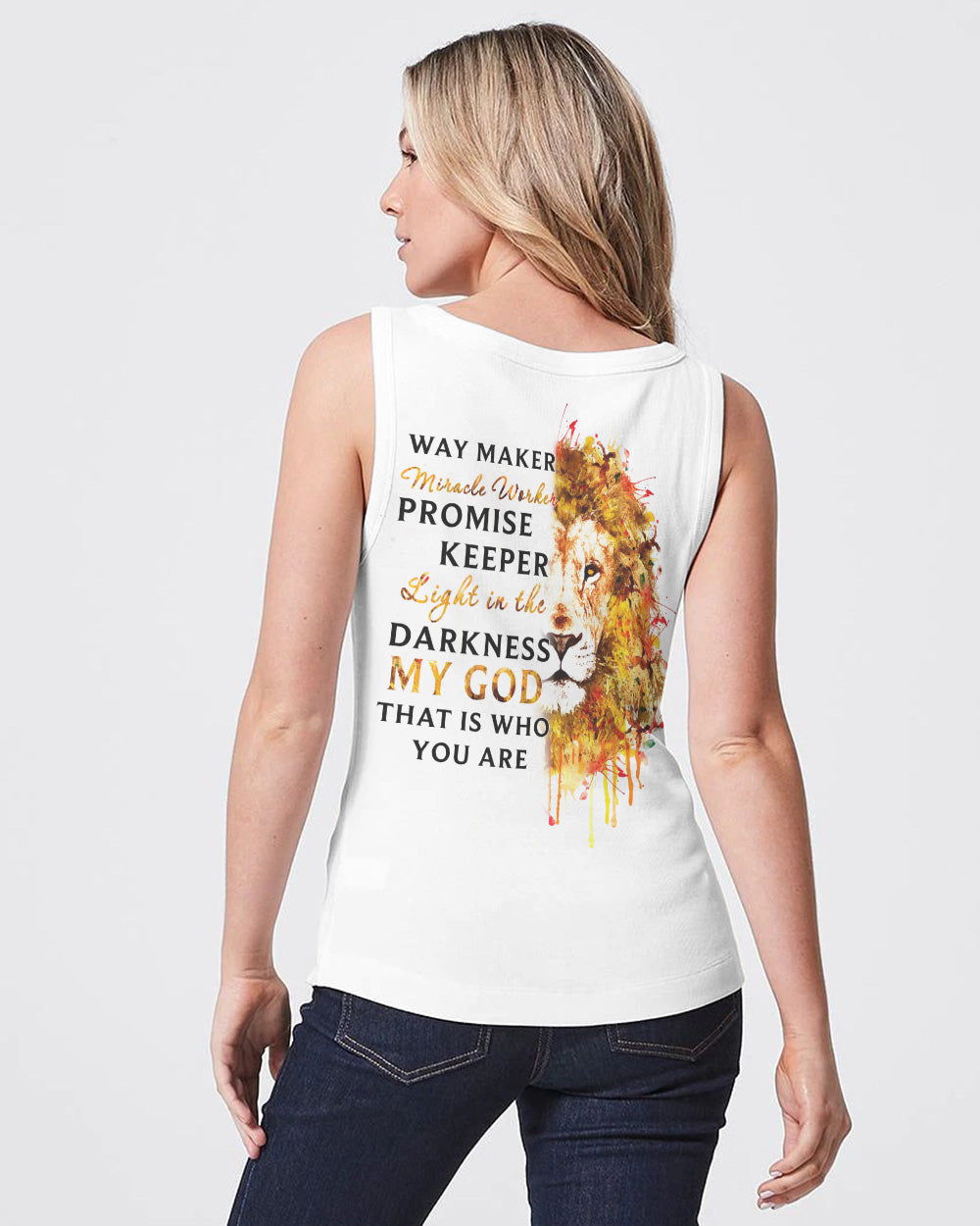 Way Maker Miracle Worker Faith Lion Watercolor Women's Christian Tanks