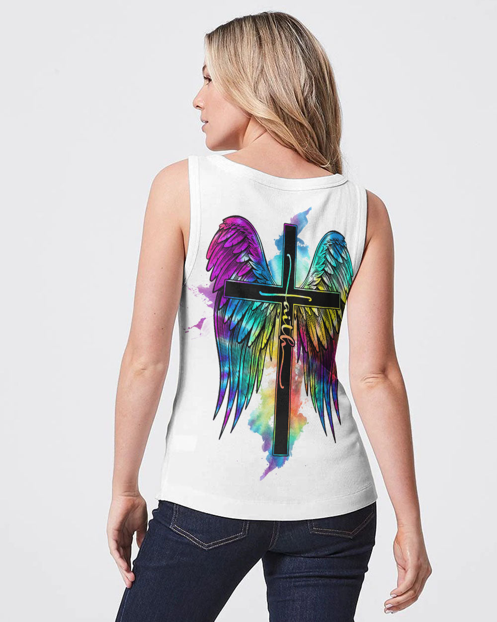 White Faith Cross Wings Colorful Watercolor Women's Christian Tanks