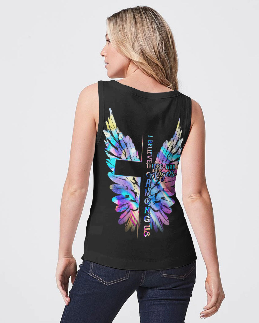 I Believe There Are Angels Among Us Wings Cross Women's Christian Tanks