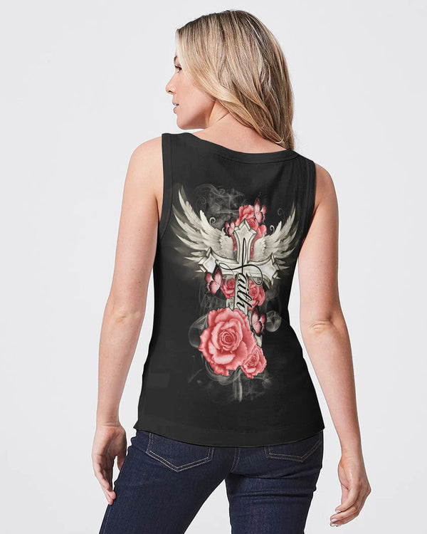 Pink Rose Cross Wings Vintage Women's Christian Tanks