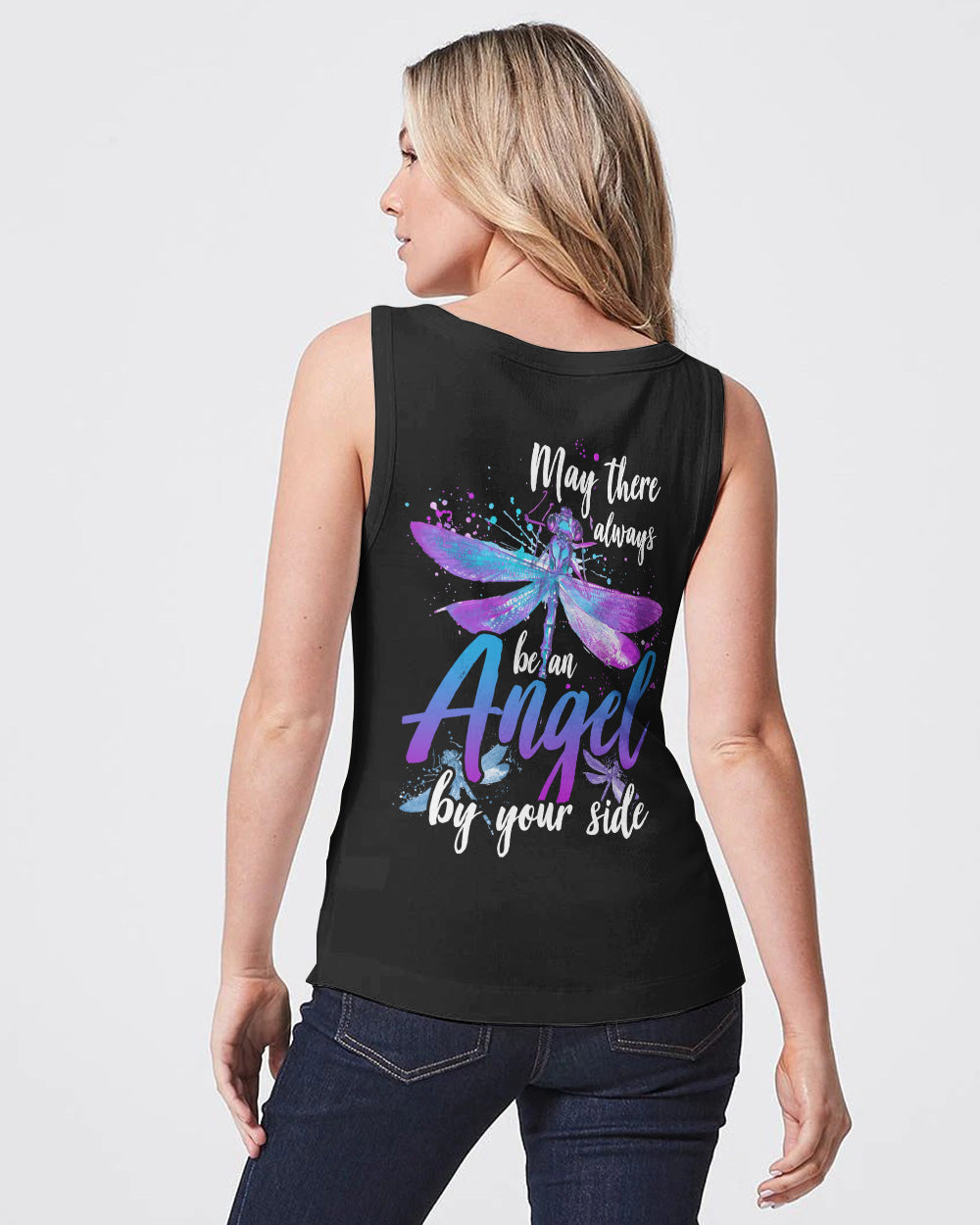 May There Be An Angel By Your Side Dragonfly Watercolor Women's Christian Tanks