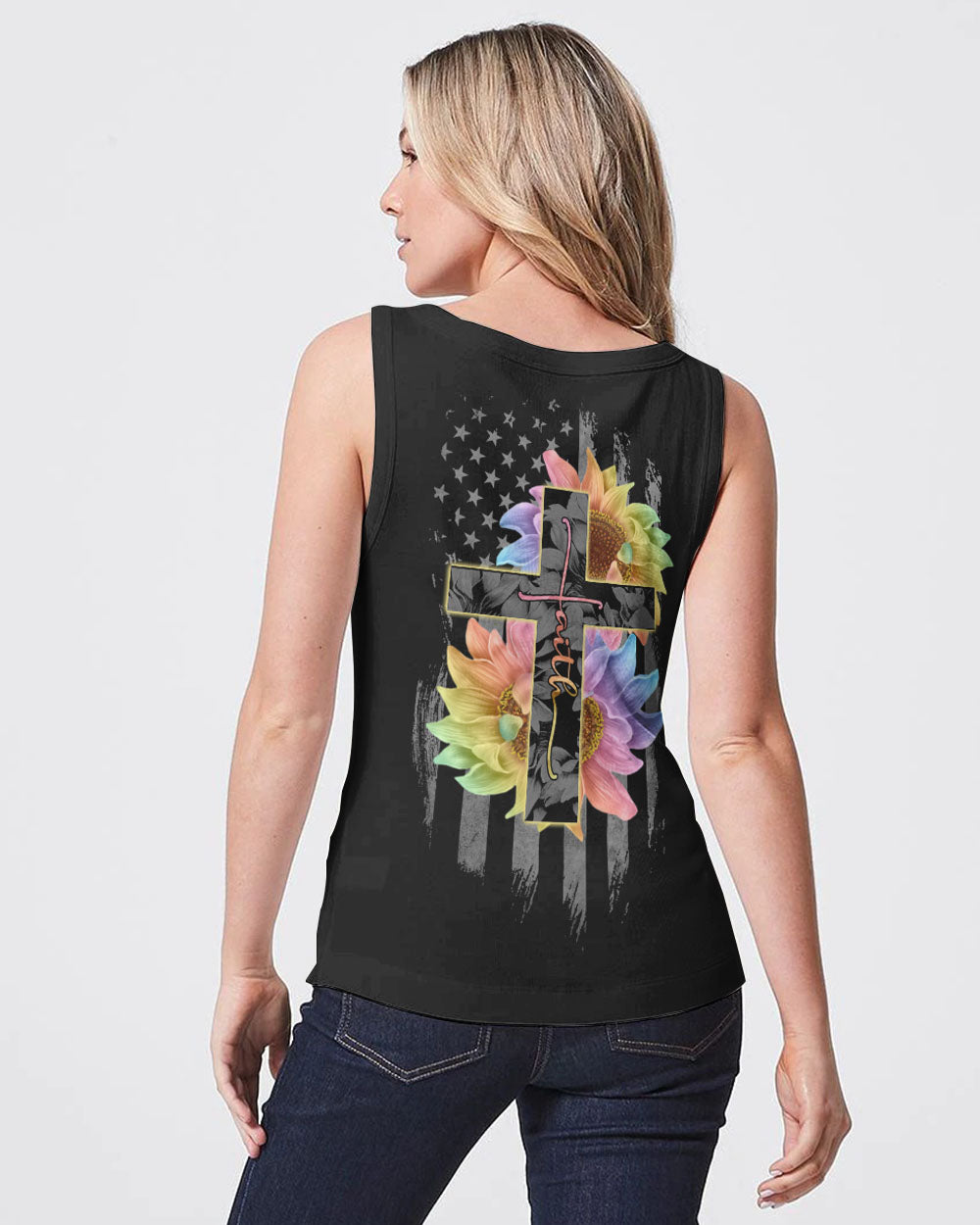 Rainbow Sunflower Cross Faith Flag Women's Christian Tanks
