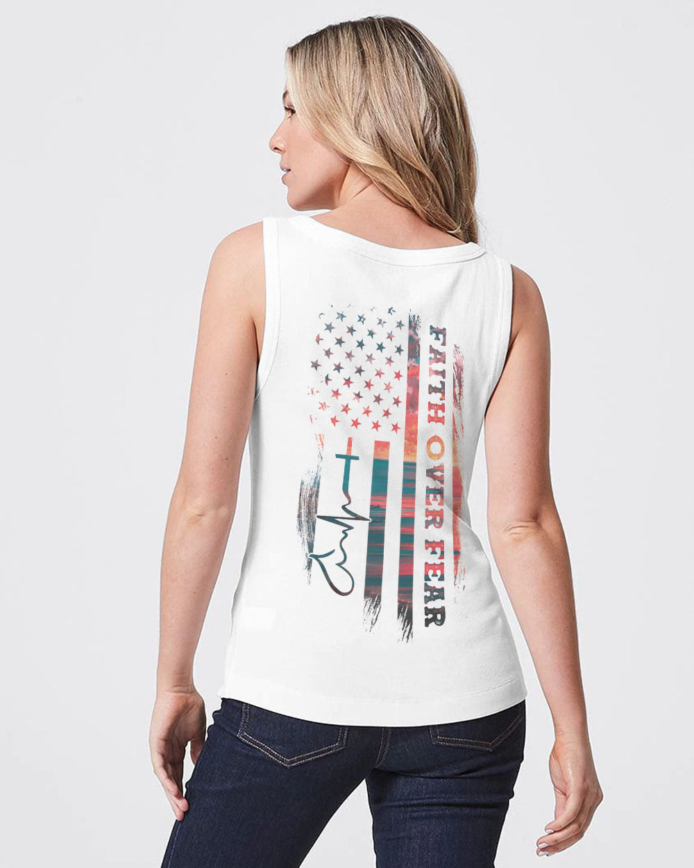Faith Over Fear Sunset Beach Flag Women's Christian Tanks