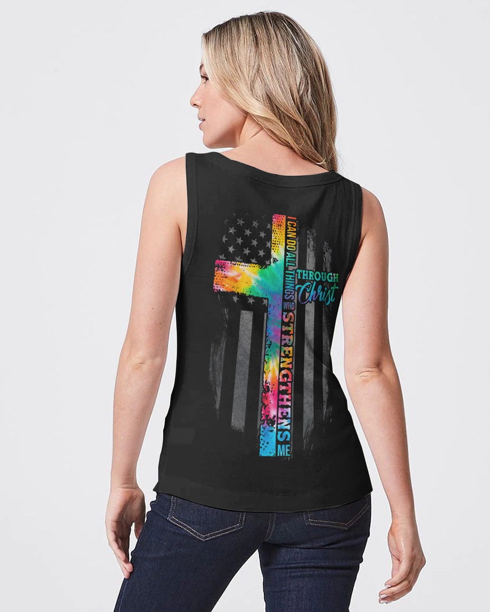 I Can Do All Thing Tie Dye Cross Half Text Women's Christian Tanks
