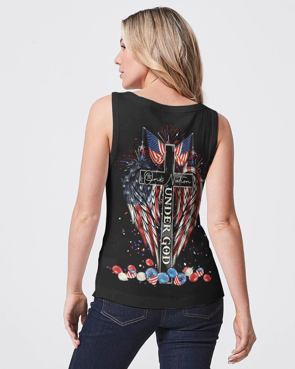 One Nation Under God Cross Wings Independence Day Women's Christian Tanks