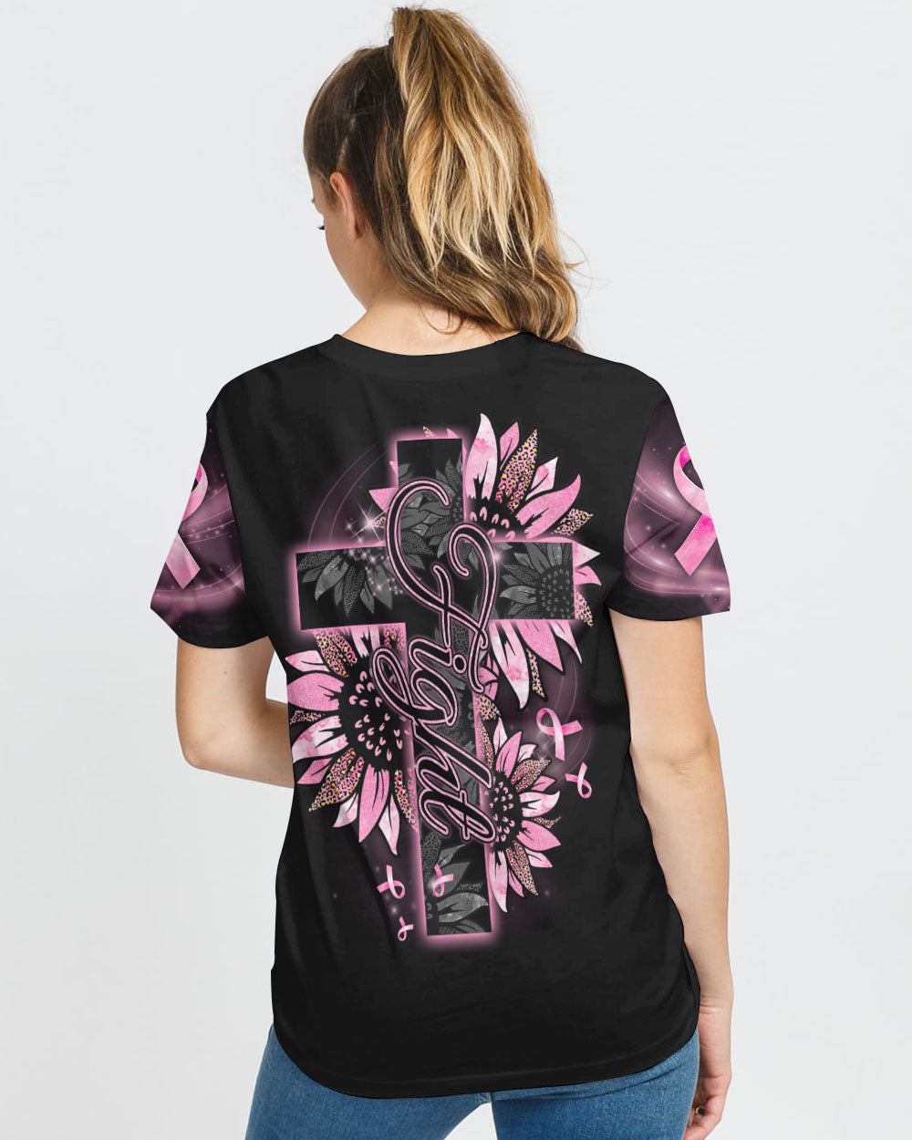 Faith Pink Sunflower Cross Women's Christian Tshirt