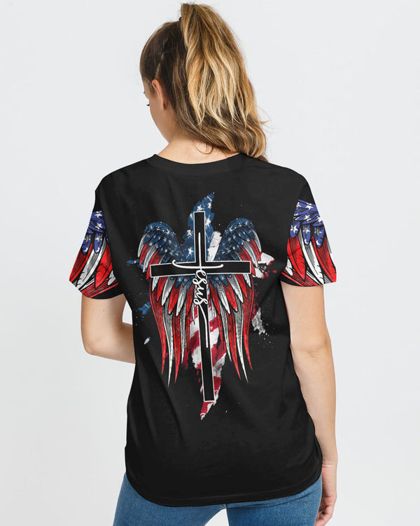 Jesus American Flag Wings Arm Women's Christian Tshirt