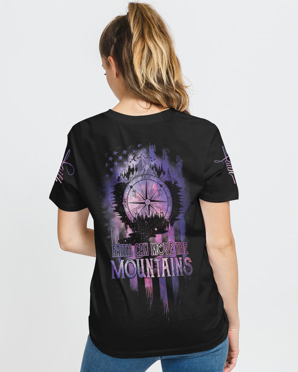 Faith Can Move The Mountains Galaxy Compass Flag Women's Christian Tshirt