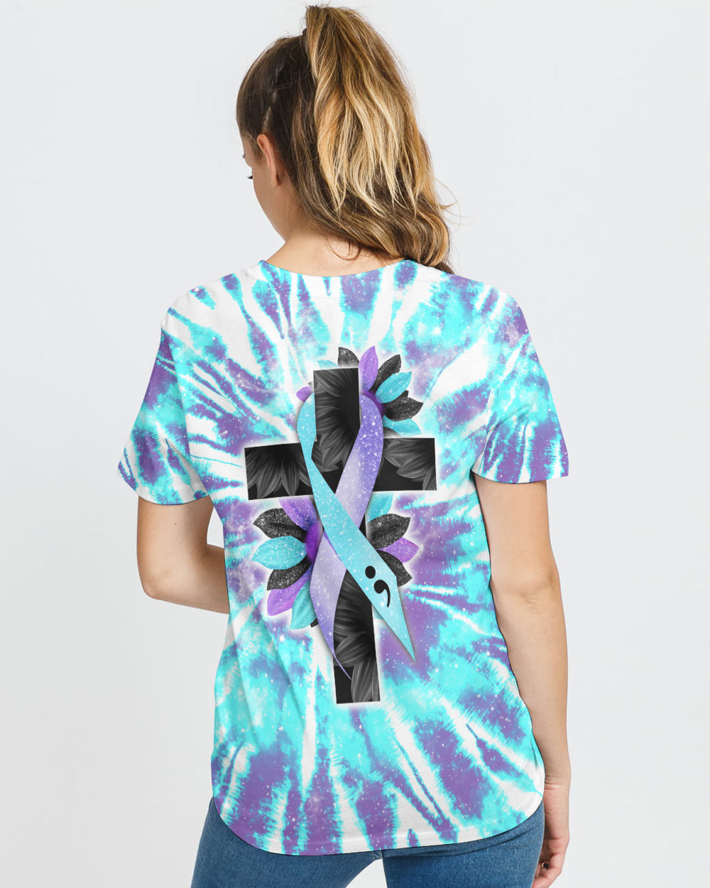 Faith Cross Sunflower Full Tie Dye Women's Suicide Prevention Awareness Tshirt