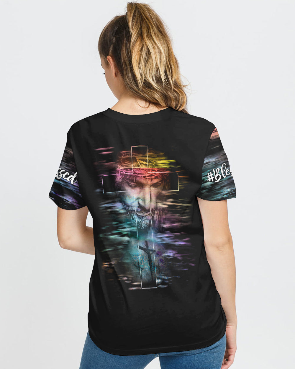 Faith Over Fear Jesus Cross Colorful Water Women's Christian Tshirt