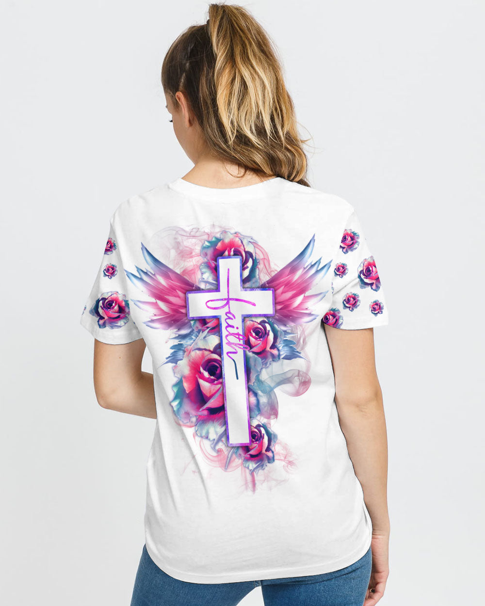 Watercolor Rose Faith Cross White Women's Christian Tshirt