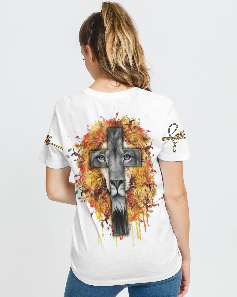 Faith Watercolor Lion Cross Women's Christian Tshirt