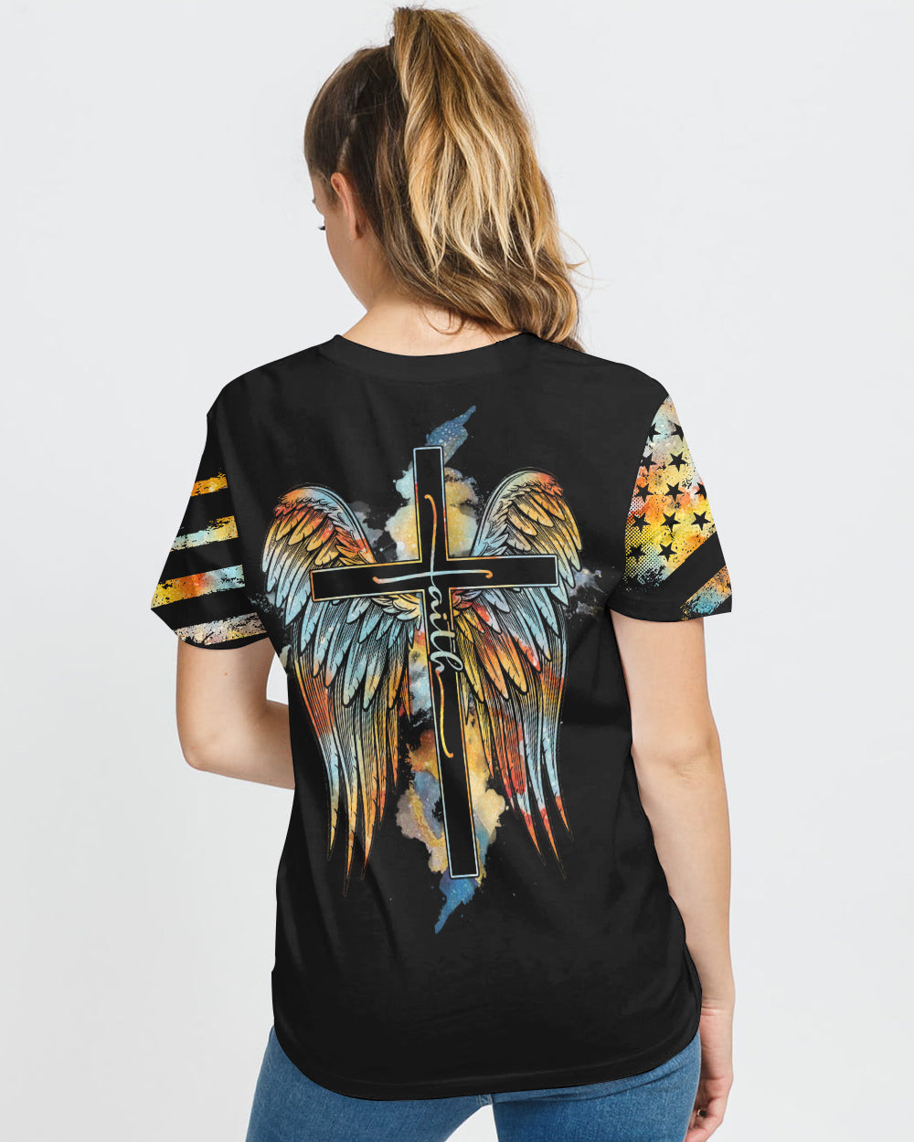 Faith Cross Wings Watercolor Vintage Women's Christian Tshirt
