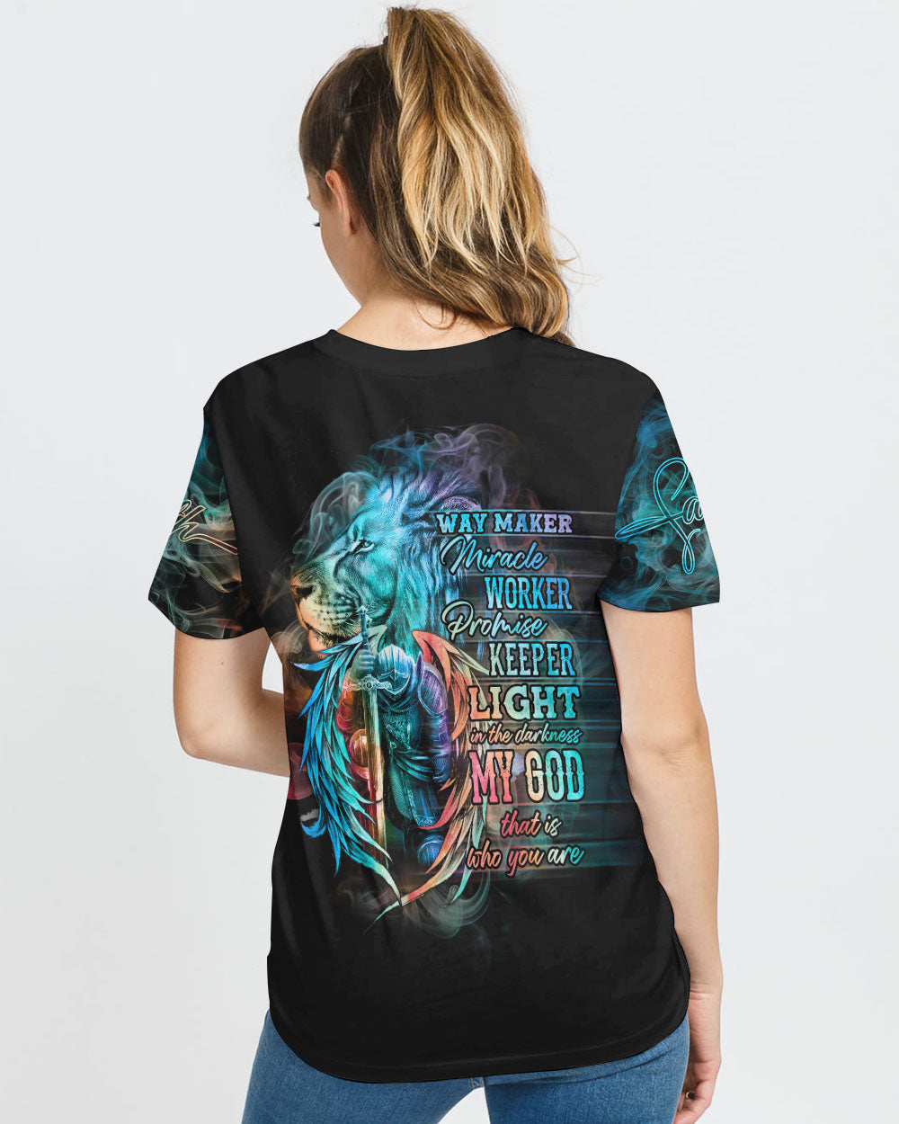 Faith Jesus Lion Warrior Colorful Smoke Women's Christian Tshirt