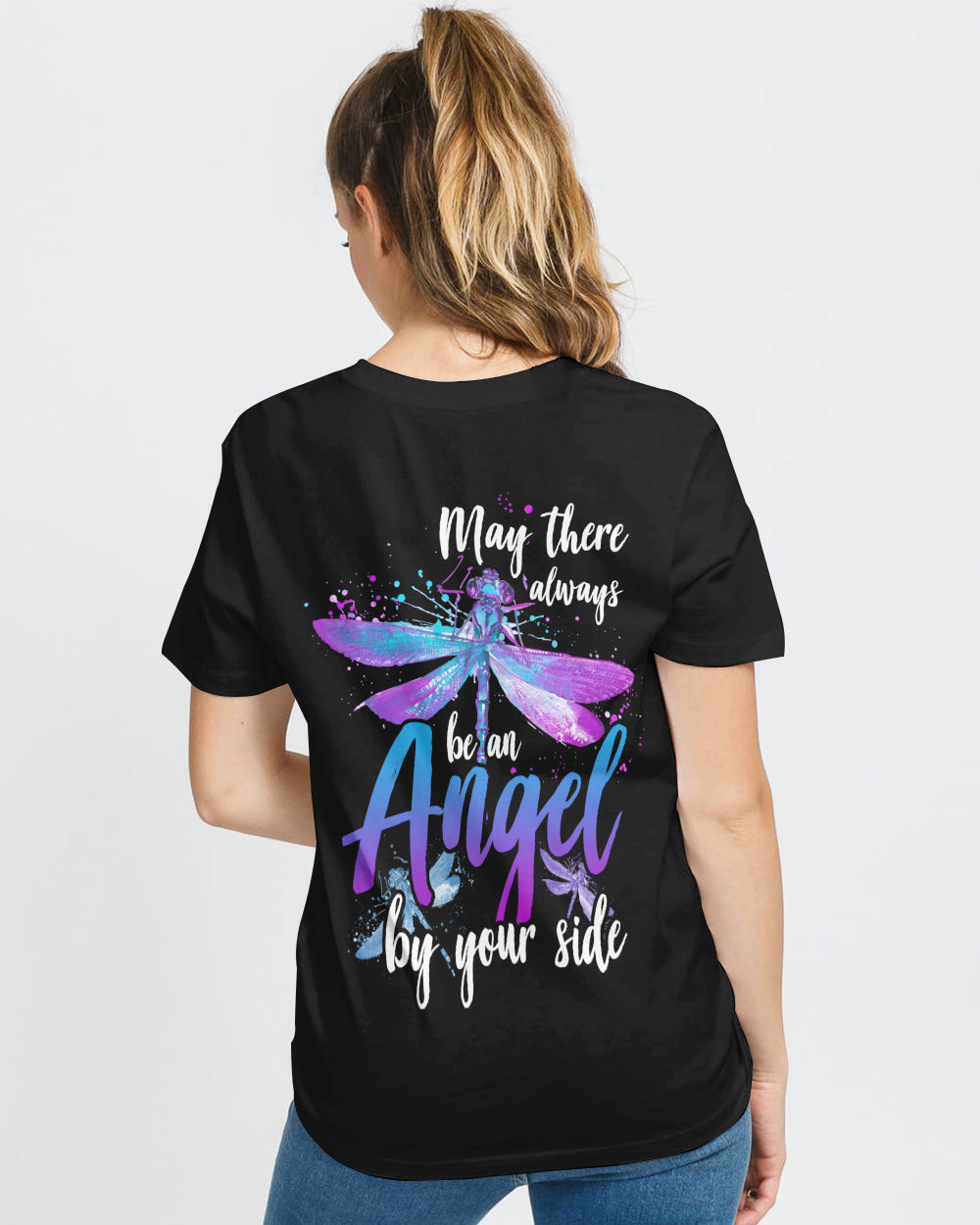 May There Be An Angel By Your Side Dragonfly Watercolor Women's Christian Tshirt