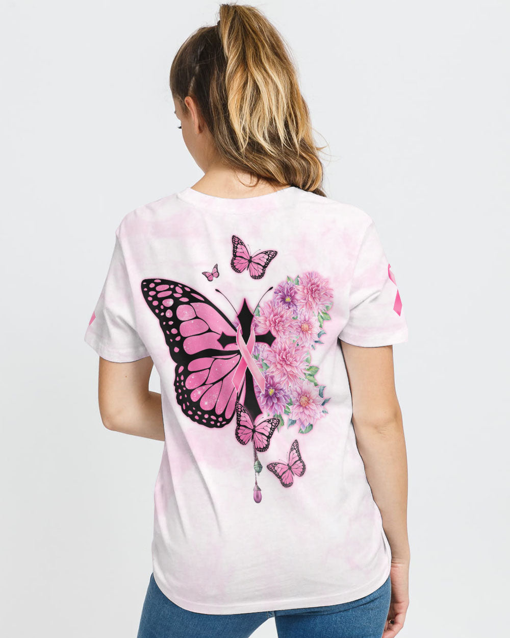 Butterfly Flower Cross Ribbon Women's Breast Cancer Awareness Tshirt