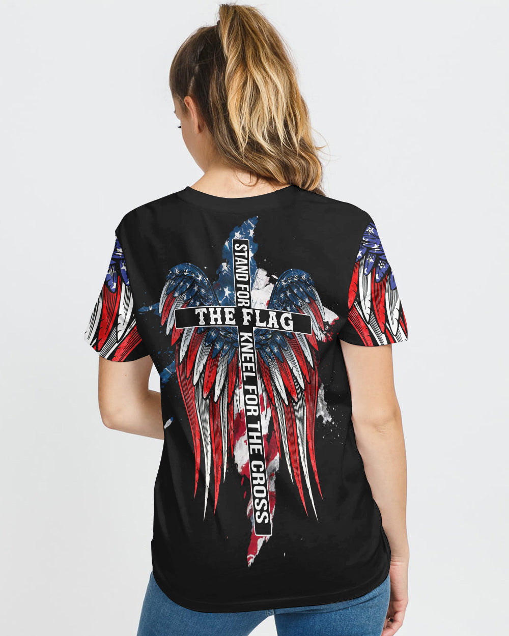 Stand For The Flag Kneel For The Cross American Flag Wings Arm Women's Christian Tshirt