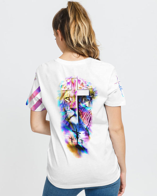 Jesus Lion Cross Colorful Flag Women's Christian Tshirt
