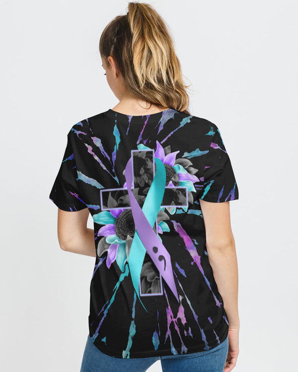Sunflower Cross Ribbon Tie Dye Women's Suicide Prevention Awareness Tshirt