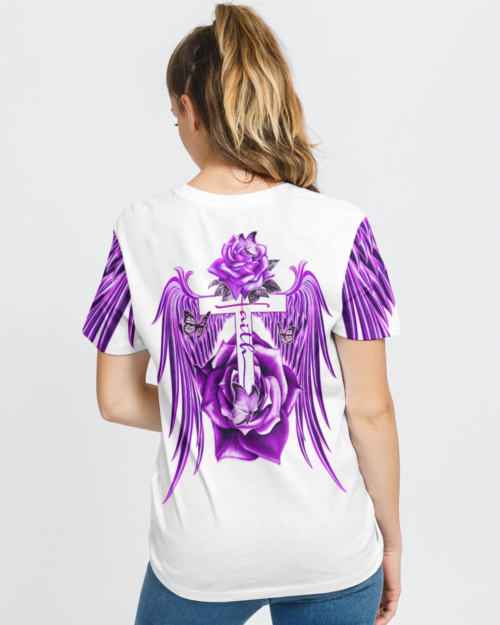 Faith Purple Rose Cross Butterfly Women's Christian Tshirt