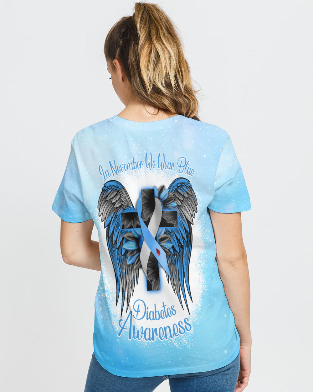 In November We Wear Blue Wings Sunflower Cross Bleached Women's Diabetes Awareness Tshirt