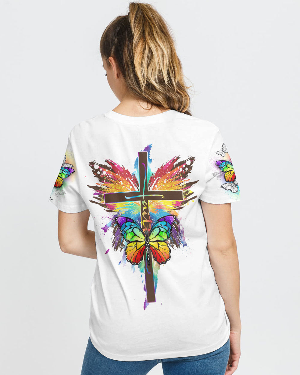 Colorful Butterflies Faith Cross Women's Christian Tshirt
