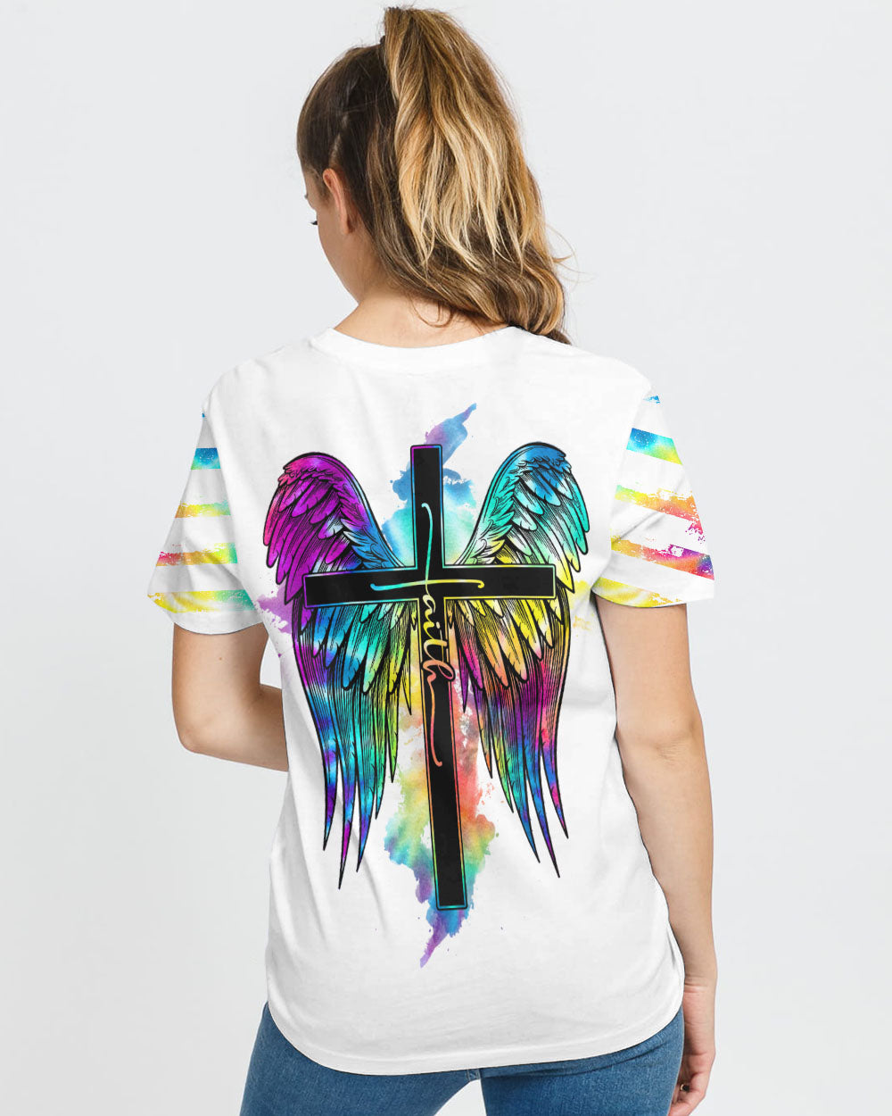 White Faith Cross Wings Colorful Watercolor Women's Christian Tshirt
