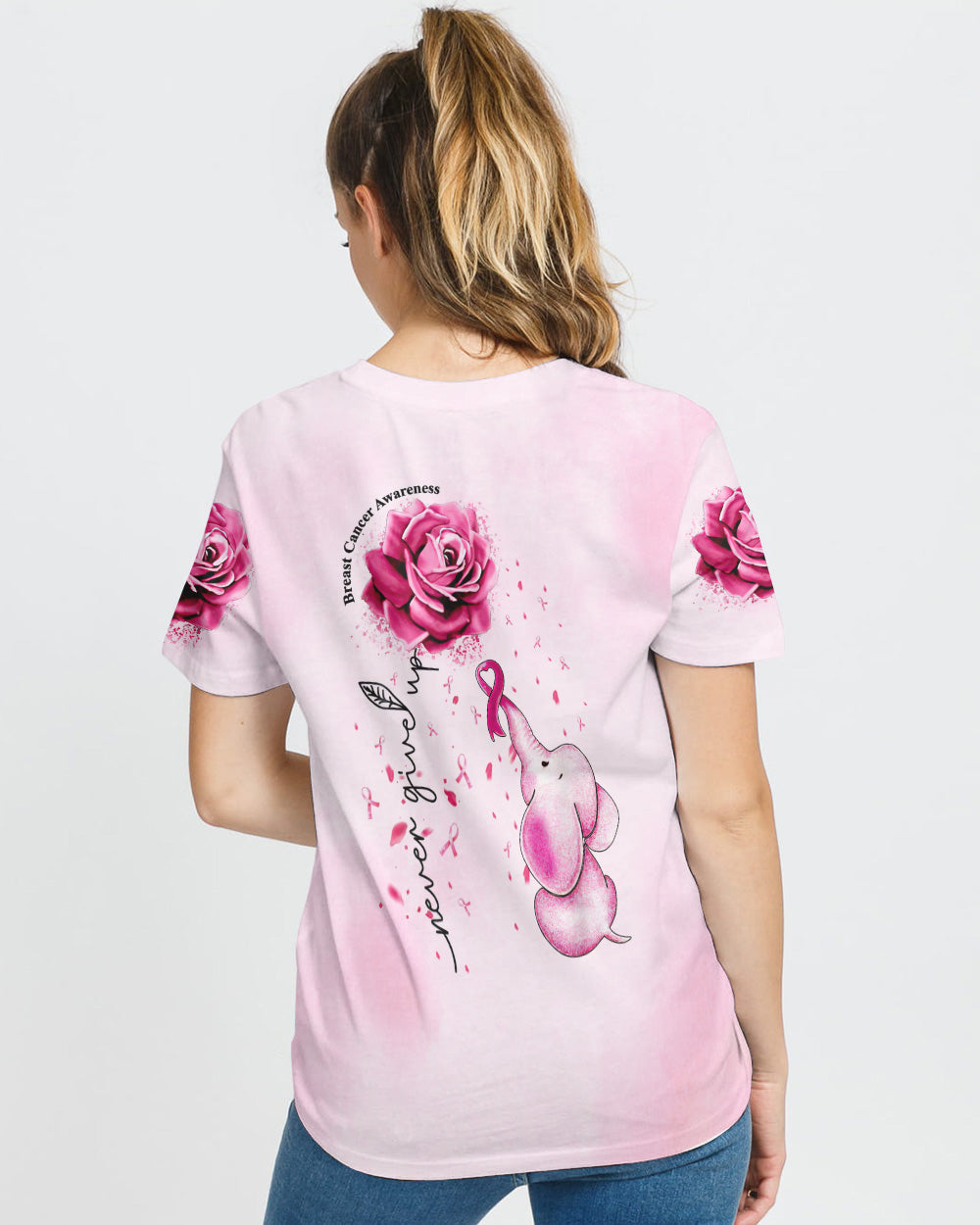 Never Give Up Rose Elephant Women's Breast Cancer Awareness Tshirt