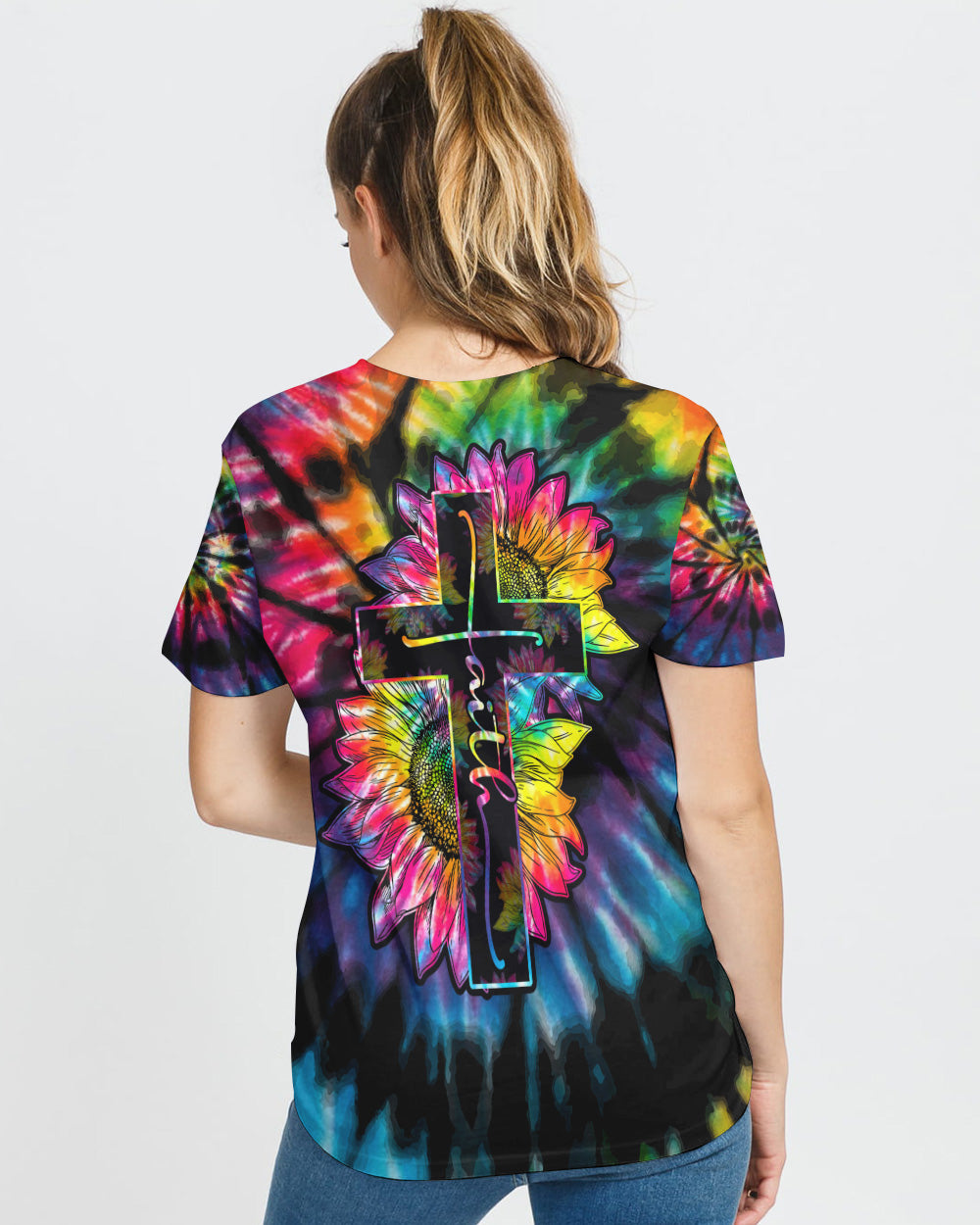 Sunflower Cross Full Tie Dye Faith Women's Christian Tshirt