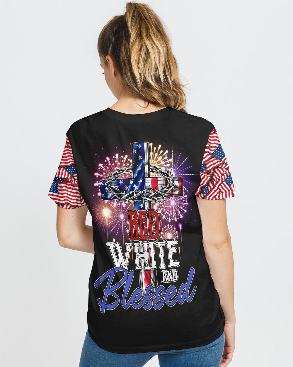 Red White And Blessed America Cross Independence Day Women's Christian Tshirt