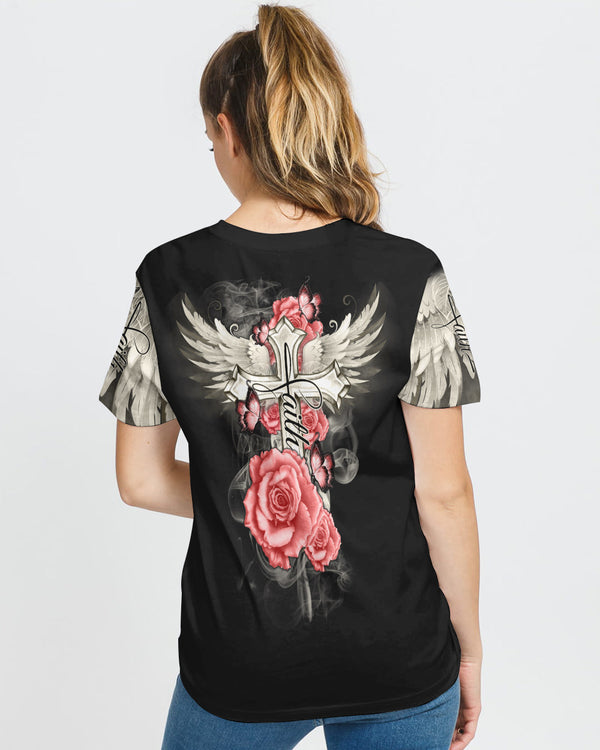 Pink Rose Cross Wings Vintage Women's Christian Tshirt