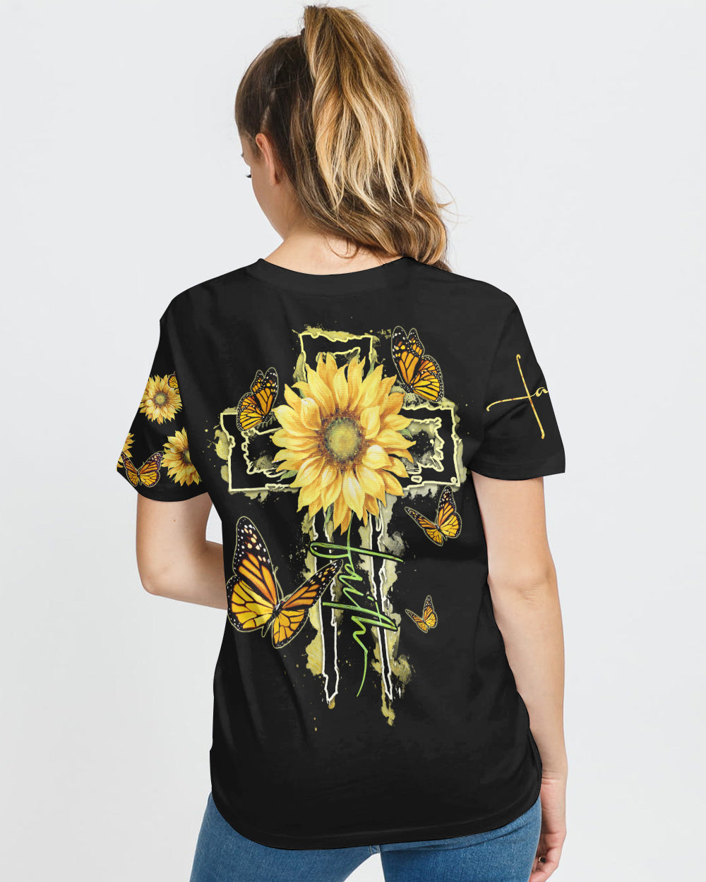Sunflower Faith Cross Painting Women's Christian Tshirt