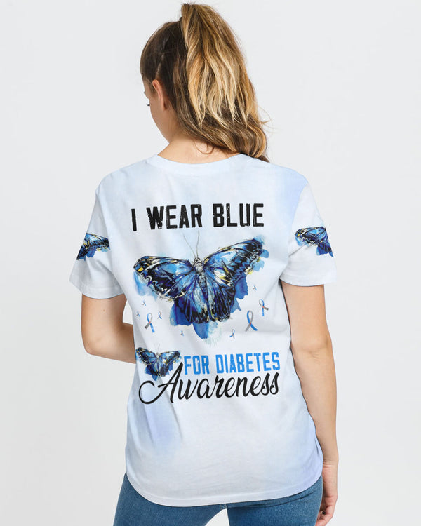 I Wear Blue For Diabetes Awareness Watercolor Butterfly Women's Diabetes Awareness Tshirt